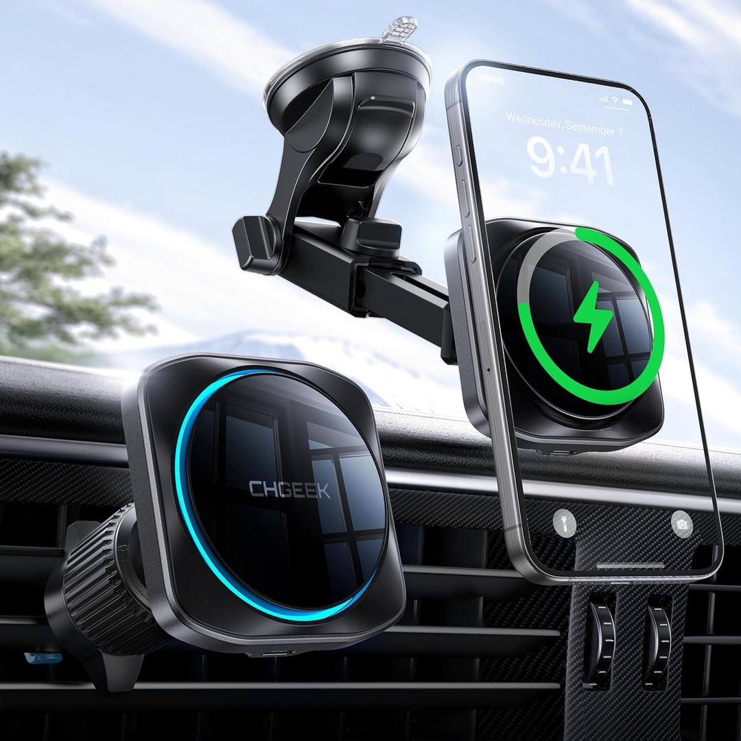 CHGeek for 15W Magsafe Car Mount Charger, iPhone Wireless Car Charger Magnetic Car Phone Holder Mount Fit iPhone 16 15 14 13 Magsafe Case, Vent/Windshield/Dash Phone Mount Holder Fast Cooling Charger (Upgraded Car Mount Charger-Black)
