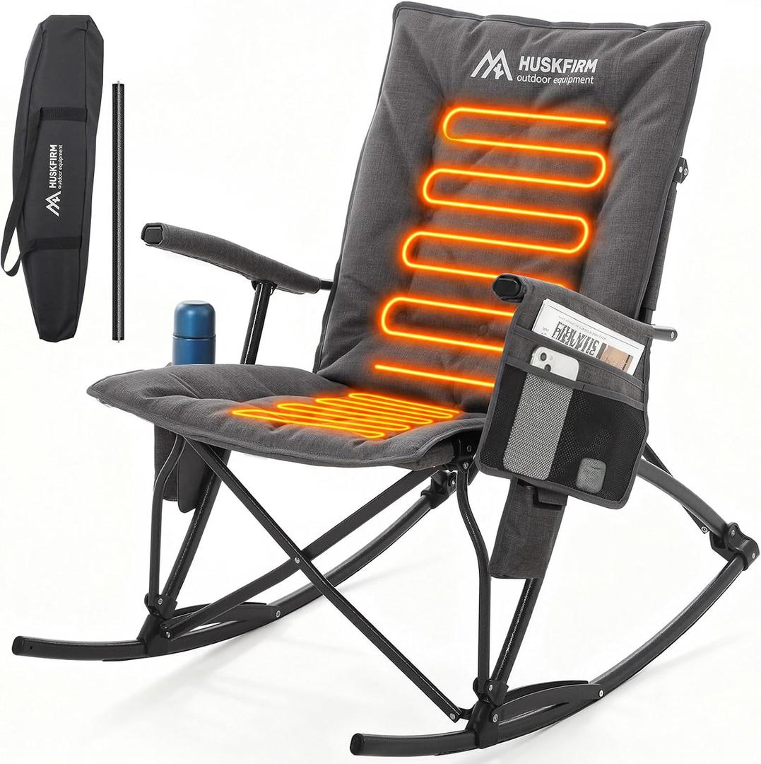 Heated Oversized Rocking Camping Chair, Heavy Duty Rocker Chair, Black, 25 inches x 19.7 inches x 38.3 inches