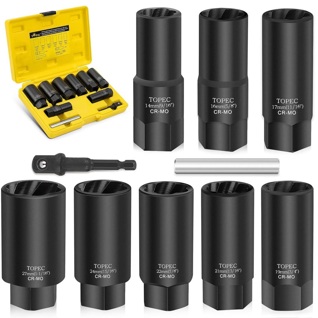 Topec 10 Piece Spiral Type Deep Lug Nut Remover, 1/2" Drive Impact Wheel Lock Removal Kit For Removing Damaged, Dead, Rusted, Rounded-Off Bolts, Nuts & Screws