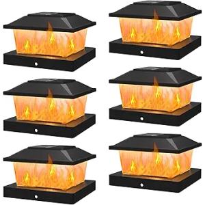 APONUO Solar Post Cap Lights with Flickering Flame & Warm White, 6-Pack for 4x4 Wood/Vinyl Posts, Solar Powered Deck & Fence Lights, Auto On/Off, IP65 Waterproof, Glossy Black