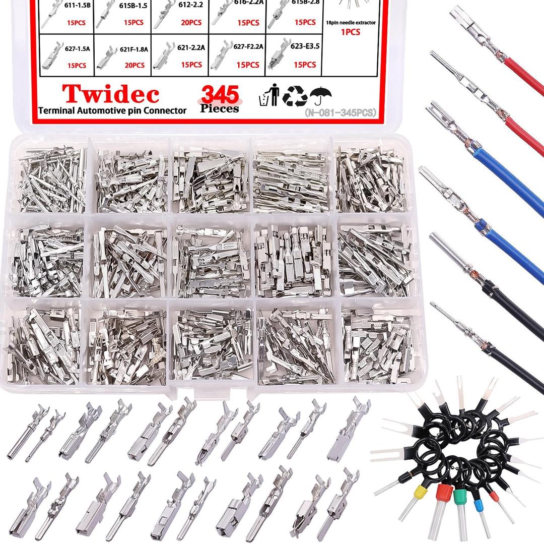 Twidec/345Pcs Car Electrical Wire Terminal Pins Connector Kit 1/1.5/1.8/2.2/2.8/3.5mm Male Female Connector Pins Terminal Automotive Wire Connector Crimp Pins With Pin Remover