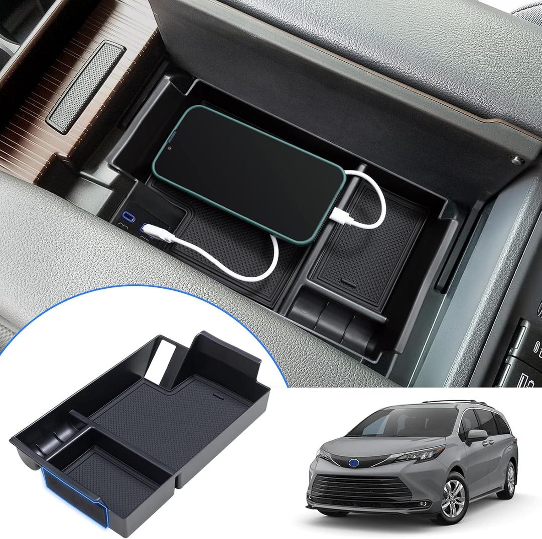 TOPINSTALL Console Organizer Compatible with 2021-2026 Toyota Sienna, Armrest Box Secondary Storage Center Console Tray Coin Container ABS Plastic