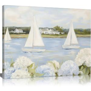 Vintage Floral Blue Coastal Canvas Wall Art Sailboat & Hydrangea Pictures Wall Decor Coastal Grandaughter Nautical Posters Grandmillenial Preppy Beachy Painting Print Artwork for Beach House Bedroom, 16"L X12"W