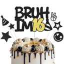 3 x Bruh I'm 16 Cake Topper, Black Gold Happy 16th Birthday Cake Topper for Boys Girls, 16 Years Old Birthday Party Glitter Cake Decorations, Cake Decor Supplies