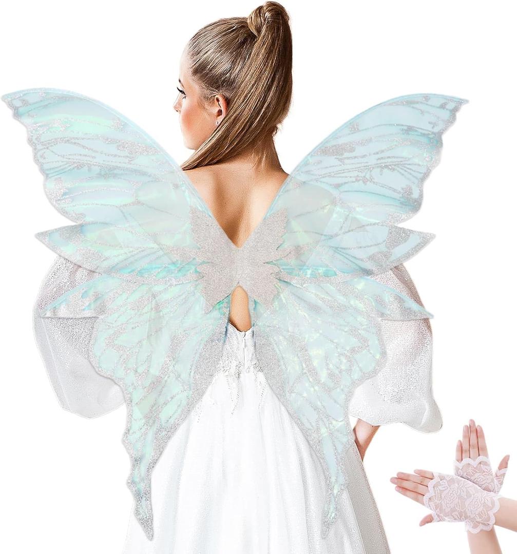 NUVCELKA Fairy Wings for Adults, Butterfly Costume with Lace Gloves, Large Fantasy Wings for Halloween Cosplay (White Light Blue - Organza)