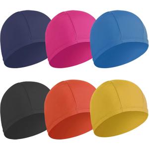 6 pcs Elastic Swim Caps for Both Women & Men & Kids Fabric Durable Non-Waterproof Cloth Swimming Pool Cap Elastic Bathing Cap (Rose Red & Dark Blue & Blue & Black & Yellow & Orange)