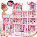 24 Inch Big Doll House Girl Toys Dream Dollhouse 4-Story 15 Rooms Playhouse with 3 Dolls, Lights, Furniture and Accessories, Pretend Play Toddler Doll Houses for Kids 6 7 8+ Year Old Gift