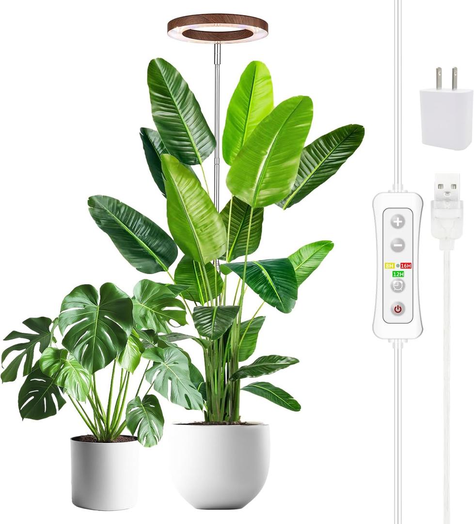 yadoker Plant Grow Light, LED Growing Light Full Spectrum for Indoor Plants,Aluminum Walnut Wood Grain Plant Lights,Height Adjustable, Automatic Timer, 5V Low Safe Voltage,Idea for Large (1 Pack)