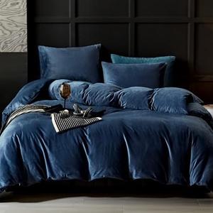 WARMDERN Navy Flannel Velvet Duvet Cover Queen Size Duvet Cover Bedding Sets, 3pcs Ultra Soft Luxury Textured Modern Crystal Velvet Duvet Covers with Zipper Closure(Navy, Queen)