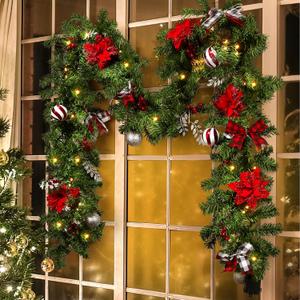 Christmas Garland with Lights, Pre-lit 9ft Christmas Decorations with 50 Warm White LED Lights, Berries, Balls, and Red Flower for Door, Stairs, Railing, Indoor, Outdoor, Battery Operated