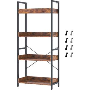 HCHQHS 4 Tier Bookshelf, Adjustable Industrial Bookcase, Vertical Tall Book Shelf, Wood and Black Metal Open Bookshelves for Home Office, Living Room, Bedroom (Rustic Brown)