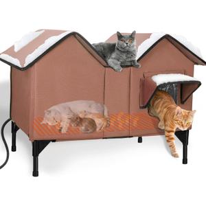 Extra Large Heated Cat House for Outside, Elevated Waterproof Outdoor Cat House Weatherproof for Winter, Insulated Outdoor Cat Shelter with Escape Doors and Heating Pad for Multiple Cats, Brown