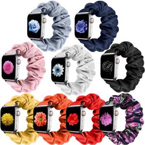 Compatible with Apple Watch Band Scrunchie 38mm 40mm 41mm 42mm 44mm 45mm 46mm 49mm, Elastic Pattern Printed Fabric Replacement Straps Women for iWatch Series 10/9/8/7/6/5/4/3/2/1/SE/Ultra (Gray+Silver+Dark Blue+Pink+Black+Yellow+Orange+Chinese Red+Purple Print)
