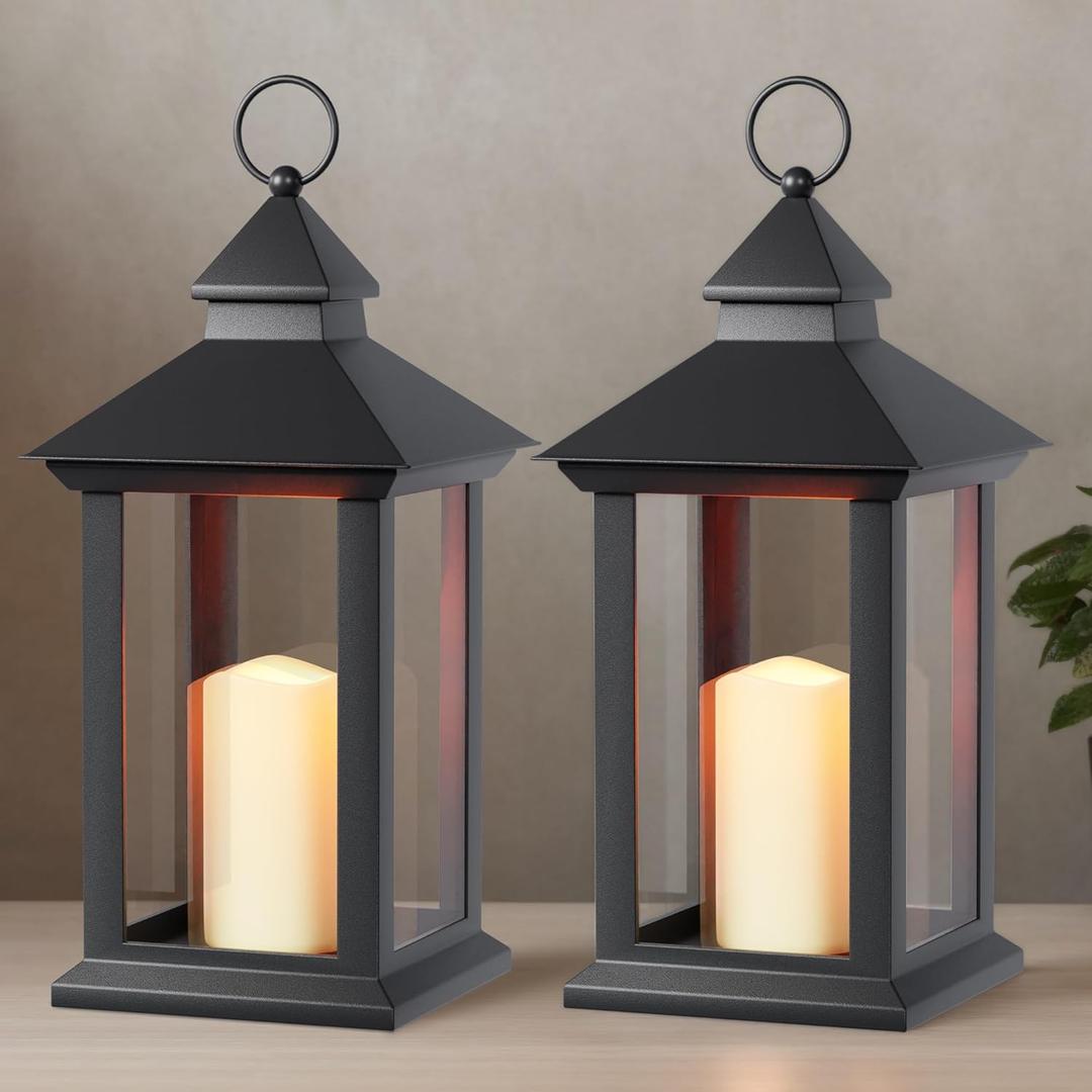Lanterns Decorative Indoor, 2 Pack Black Decorative Flameless Candle Lanterns with Timer, Vintage 14" Waterproof Hanging Outdoor Lanterns, Battery Operated for Porch, Patio, Wedding Decor