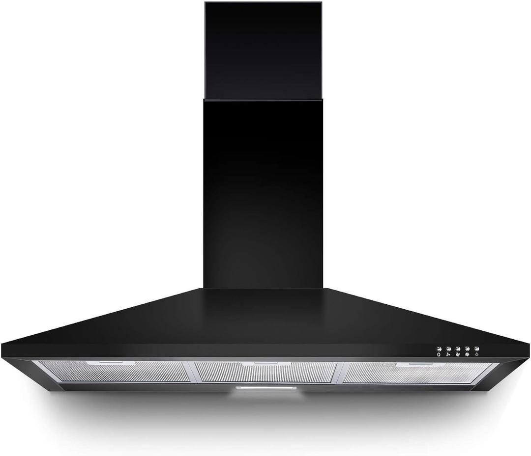 SNDOAS Range Hood 36 inch,Black Vent Hood with 450CFM & 3-Speed, Ducted/Ductless Convertible,Mesh Filters & Push Button Control for Stove Hood,Chimney-style Black Range Hood Wall Mount