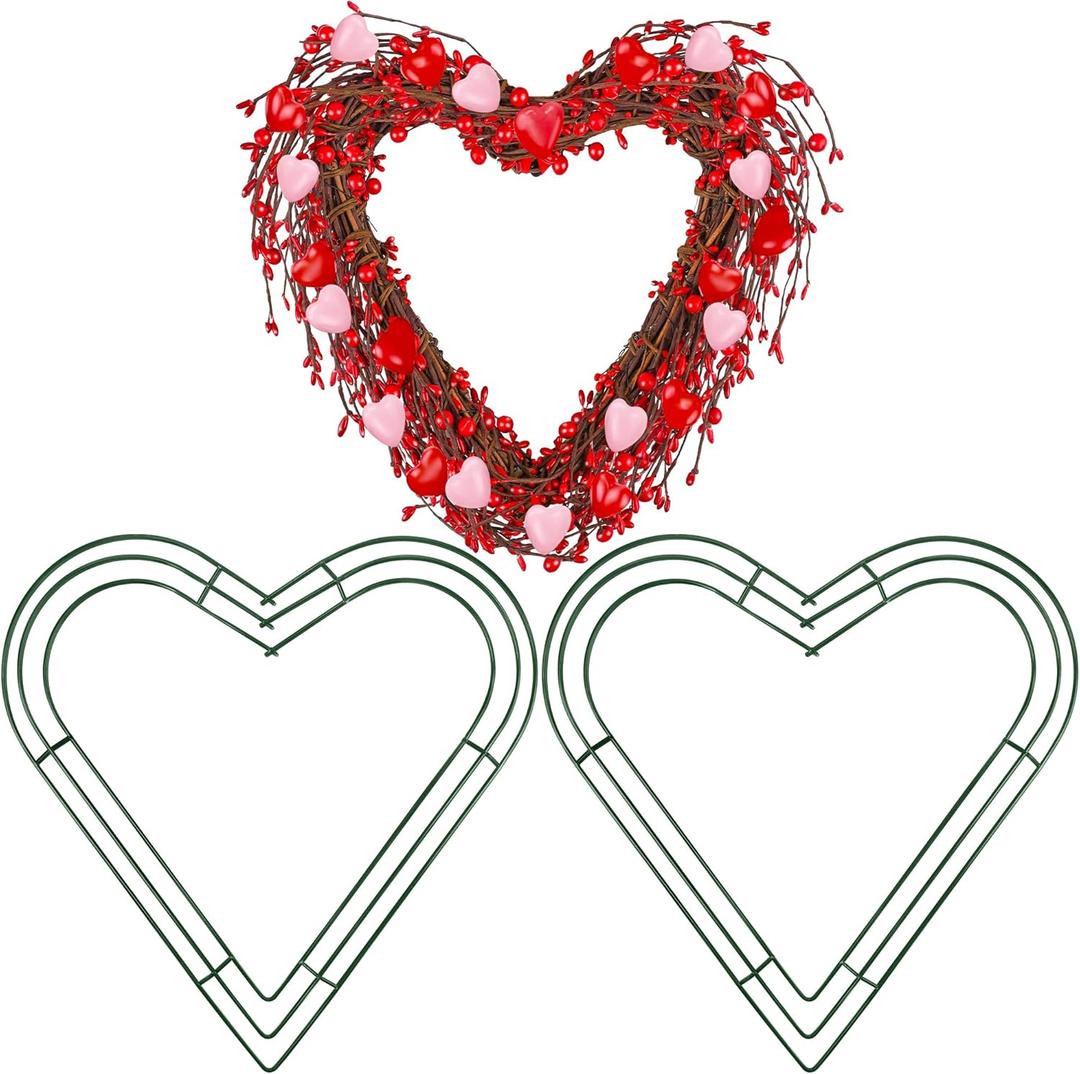 Aodaer 2 Pack 14 Inch Heart Wire Wreaths Frame Heart Metal Wreath Garland Green Wire Flower Wreath for Valentine's Day, Wedding Party, Home Ceremony Decoration