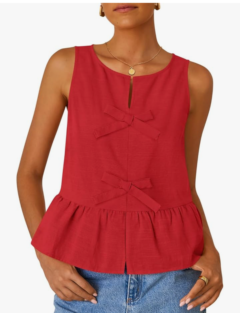 ZESICA Women's Summer Sleeveless Tank Tops Crewneck Tie Front Loose Flowy Ruffle Peplum Babydoll Blouses, Small