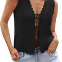 Womens Tie Front Tops Trendy 2025 Summer V Neck Sleeveless Sweater Vests Fashion Cute Crochet Knit Tops (Large, Black)
