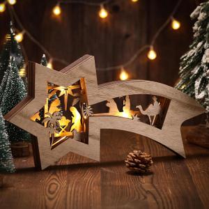 Wooden Nativity Scene Set Christmas Nativity Scene Tabletop Set Christmas Ornament Christian Religious Rustic Decorations with LED Light for Shelves Tables Decorations Indoor Decor(Classic)