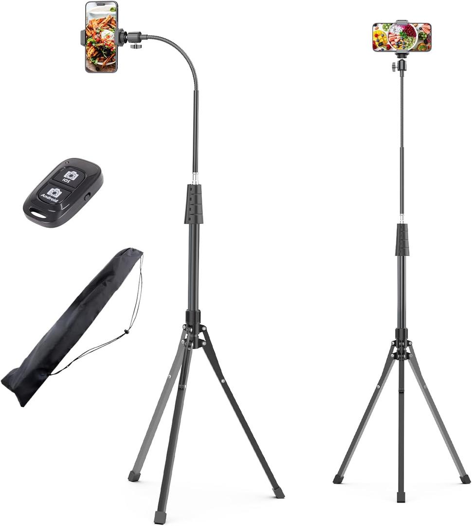 UBeesize 92 Cell Phone Tripod Stand with 16.5 Gooseneck and Remote, Overhead Tripod with Adjustable 360Ball Head & Phone Holder for iPhone 14 Pro Max/Plus/13/12/11, Android Cell Phone (Black)