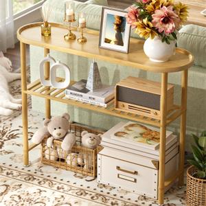 Narrow Console Table Bamboo 39.4", Modern Entryway Table for Hallway Oval Top, Sofa Console Table with Anti-Fall Edge, TV Stand for Living Room, Indoor Outdoor Plant Stand, 5min Easy Assembly, 39.4"L x 11.8"W x 29.7"H