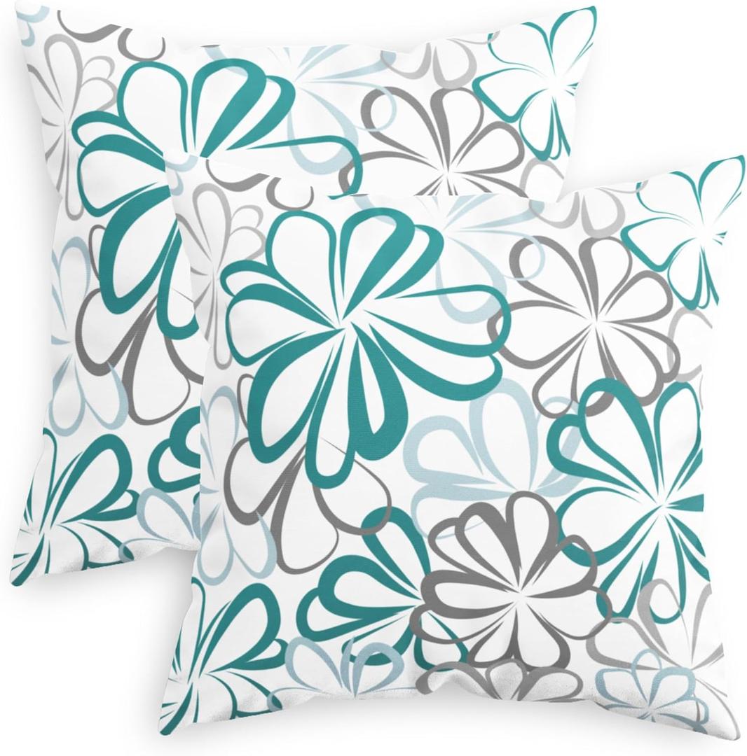 CaliTime Throw Pillow Covers Pack of 2 Cozy Fleece Line Flowers Decorative Cushion Cases for Couch Bed Sofa Farmhouse Decoration 18 X 18 Inches Teal Green Blue Grey