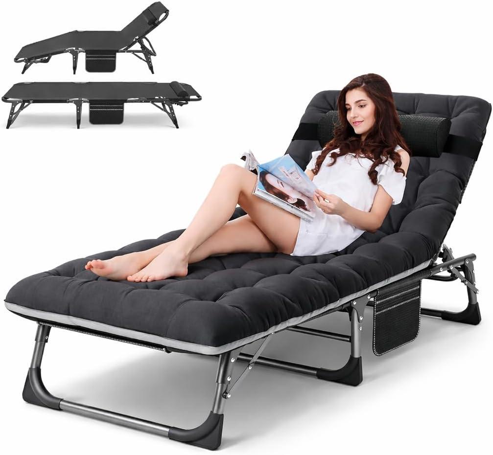 ABORON Heavy Duty Tanning Chair,Outdoor 5-Position Folding Chaise Lounge Chair with Pad,Portable Beach Lounge Chair for Outdoor Sunbathing Patio Pool Lawn Deck Poolside, 75.2x26.8x11.8 inches