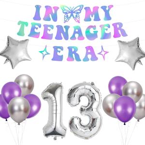 13th Birthday Decorations for Girls Iridescent In My Teenager Era Banner,Foil Balloon 13,Silver Purple Latex balloons
