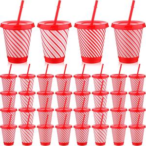 Skylety 36 Pcs Bulk Christmas Candy Plastic Cups with Straws and Lids for Coworkers Employee 16 oz Red White Candy Cups Xmas Tumbler Reusable for Team Nurse Teacher Office Staff Hot Chocolate, 4Style