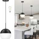 10 Inch Black Mid Century Modern Pendant Light Pendants for Kitchen Island Frosted Milky White Glass Globe Height-Adjustable Modern Hanging Globe Pendant Light for Bedroom (Bulb Incl)