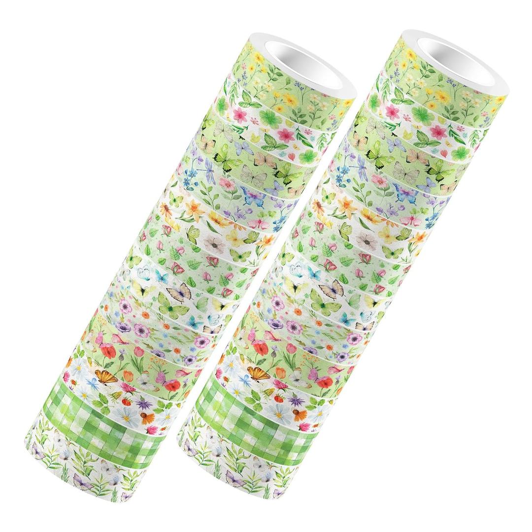 12 Rolls Green Floral Butterfly Washi Tape Set, Fresh Pastel Wildflower Dragonfly Plaid Pattern Decorative Masking Tapes for DIY Art Craft, Scrapbook, Journaling, Planner, Gift Wrapping