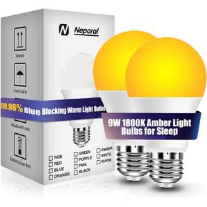 Neporal 1800K Amber Sleep Light Bulbs 2PK, 99.96% Blue Blocking Soft Warm Light Bulbs,9W 60 Watt Equivalent, A19 Amber Night Light E26 for Bedroom and Baby Nursery Light