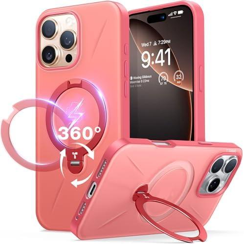 TORRAS 360° Spin Magnetic Stand for iPhone 16 Pro Max Case, Fit for MagSafe, Military Grade Protective Case for iPhone 16 Pro Max Phone Case Ostand with Kickstand Rotatable, Coral Pink Red, 6.9 inch