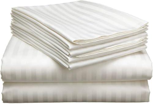 Mattress-Homes 6 Piece Cal-King Sheet Set, Hotel Luxury Collection, 100% Egyptian Cotton, 18 Inch Deep Pocket Fitted Sheet, Soft & Cool, Breathable Bedding with 4 Pillowcases in Ivory Stripe