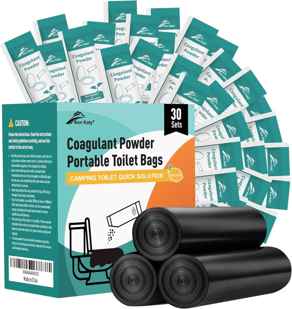 Ann Katy Super Absorbent Polymer 30 Packs,Portable & Fast-Absorbing Camp Toilet Chemicals Gel with 5 Gallon Bucket Toilet Luggable Drawstring Bag, Emergency Toilet Bag&Potty Gel
