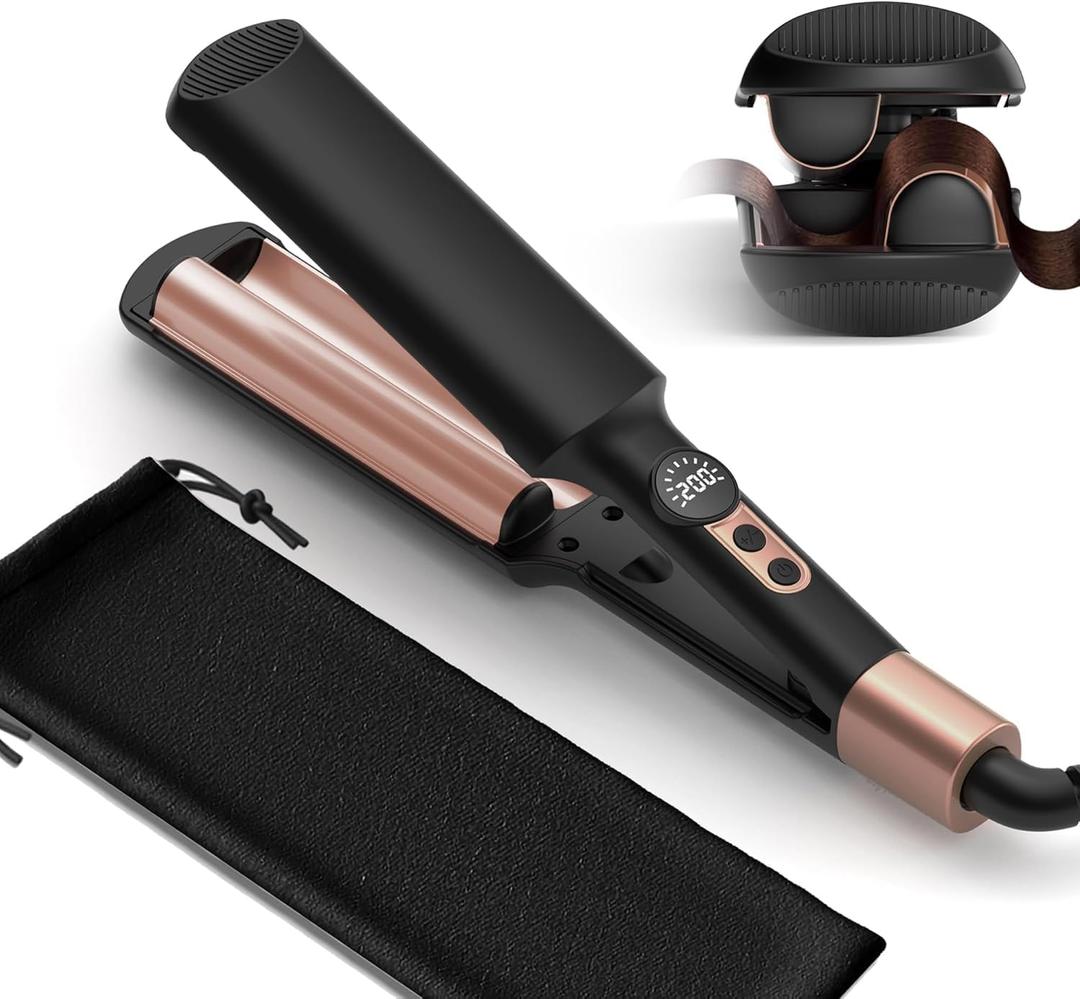 Mini Waver Curling Iron, Travel Hair Crimper and Waver Tool for Women Short Hair Double Barrel Curling Iron Portable, Dual Voltage, 5 Temps Anti-scalding for Date Work Daily Styling (Gold)