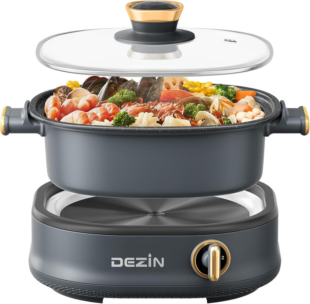 Dezin Electric Shabu Shabu Pot - 3L Non-Stick Hot Pot with Dual-Power Control, Tempered Glass Lid for Parties and Gatherings
