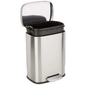 Amazon Basics Smudge Resistant Small Rectangular Trash Can With Soft-Close Foot Pedal, Brushed Stainless Steel, 12 Liter/3.1 Gallon, Satin Nickel Finish, 11.3"L x 9.9"W x 15.1"H