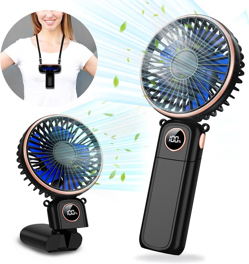 Portable Handheld Fan 5200mAh, USB Rechargeable Foldable Electric Personal Small Mini Hand Held Fan, 22Hrs Runtime, 6 Speeds, LED Display, Battery Powered, Gift for Men, Women, Travel, Outdoor, Makeup (Black)