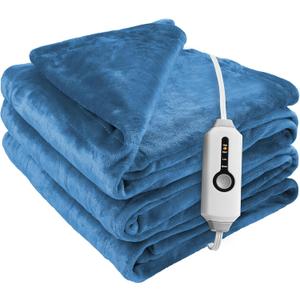 McJaw Heated Electric Blanket Soft Flannel Twin Size 62" x 84", Fast Heat, Machine Washable, Warm and Comfortable, 4 Heating Settings & 10 Hours Auto Shut-Off, Blue