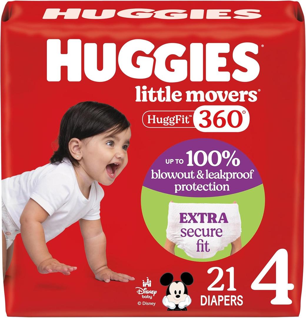 Huggies Size 4 Baby Diapers, Little Movers HuggFit 360 Baby Diapers with 360 Waistband, Size 4 (22-37 lbs), 21 Count