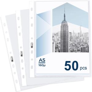 50 Page Sheet Protectors Non-Glare,A5 Glass Clear Punched Pocket,160 Micron Heavy Duty Binder Sleeves Reinforced 7-Hole,Acid-Free Top Loading Clear Plastic Dividers for Paper,Documents,Photos
