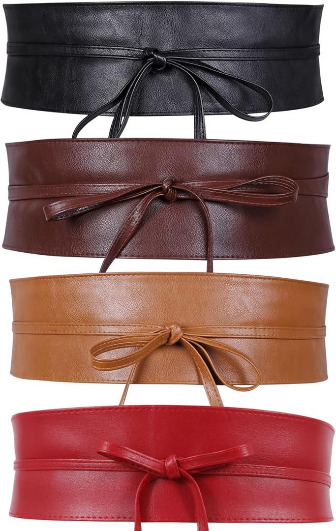 WERFORU 4 Pack Women Obi Belt PU Leather Self Tie Wrap Wide Waistband Boho Belt for Costumes (C-black+brown+coffee+red)