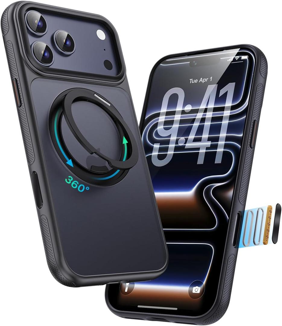 for iPhone 17 Pro Case, Compatible with MagSafe, Slim Shockproof Military-Grade Rugged Protective Case with Stand, Camera Control, Comfort Grip (A-Black, iPhone 17 Pro)