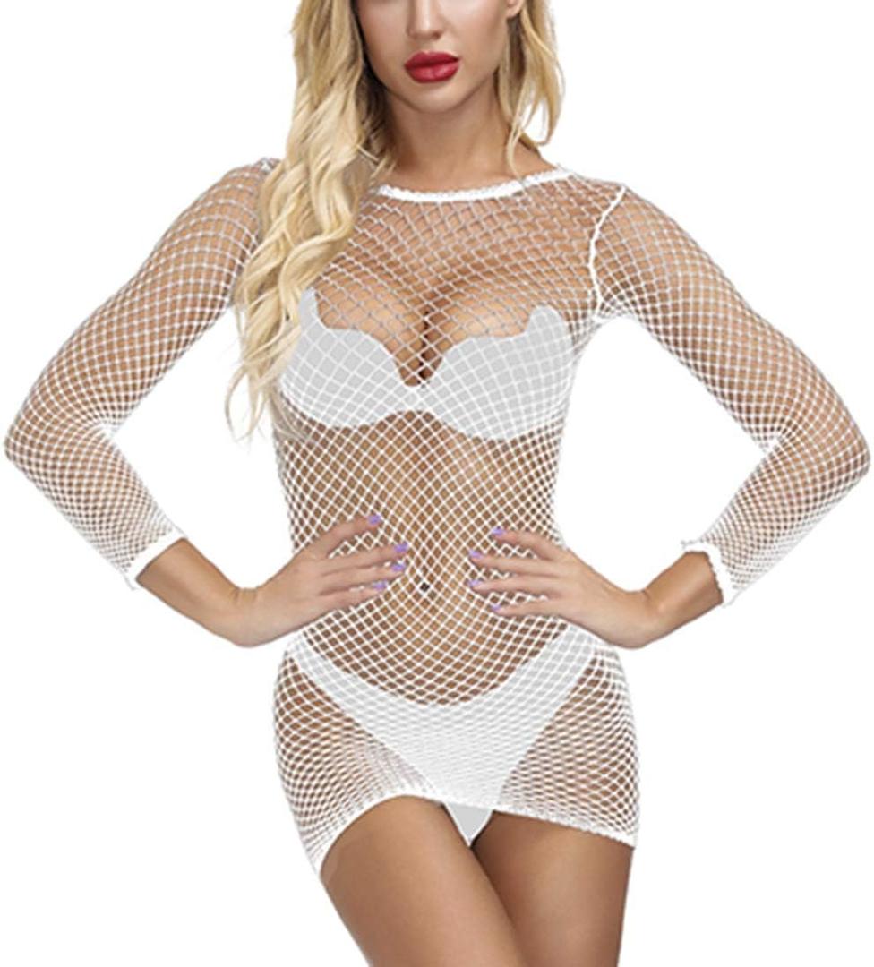 Vorifun Sexy Women Babydoll Stretchy Fishnet Lingerie Seamless Chemise Nightwear, One Size, 5 Color (White)