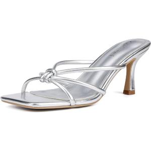 Goderci Kitten Strappy Heels for Women Knotted Square Open Toe Slip On Mule Heels Mid Heeled Sandals 8.5
