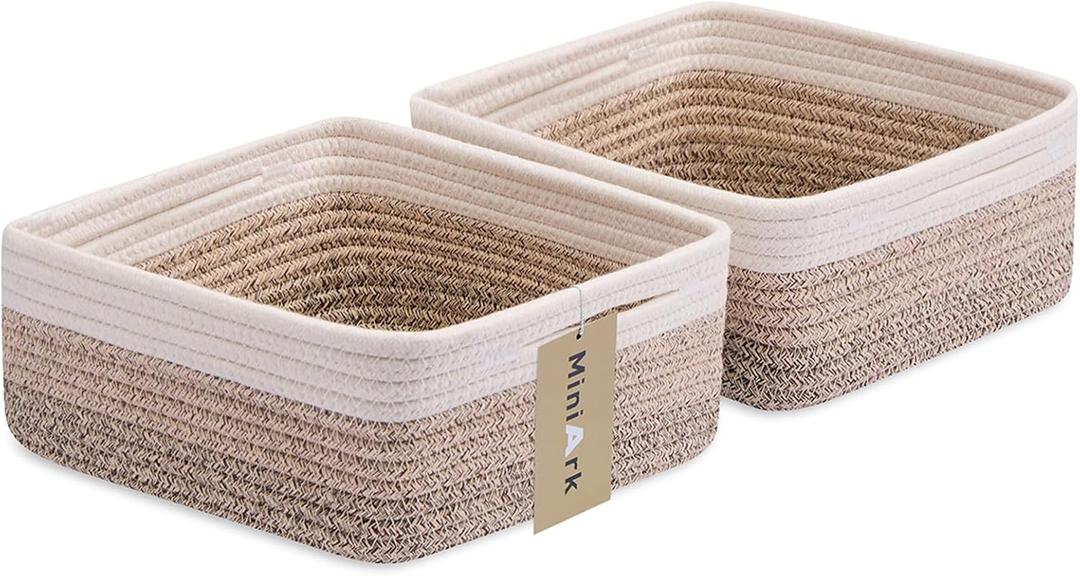MiniArk Small Square Shallow Baskets for Organizing, 9.7x9.7x4.3 Inch Rope Woven Storage Bins for Cubes Closet, Shelves Storage, Boho Decorative Basket, 2 Packs Gradient Brown