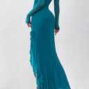BTFBM Women's Maxi Dresses Fall 2025 Long Sleeve Ruched Bodycon Solid Ruffle Mermaid Cocktail Wedding Guest Dress (Lake Blue,Medium)