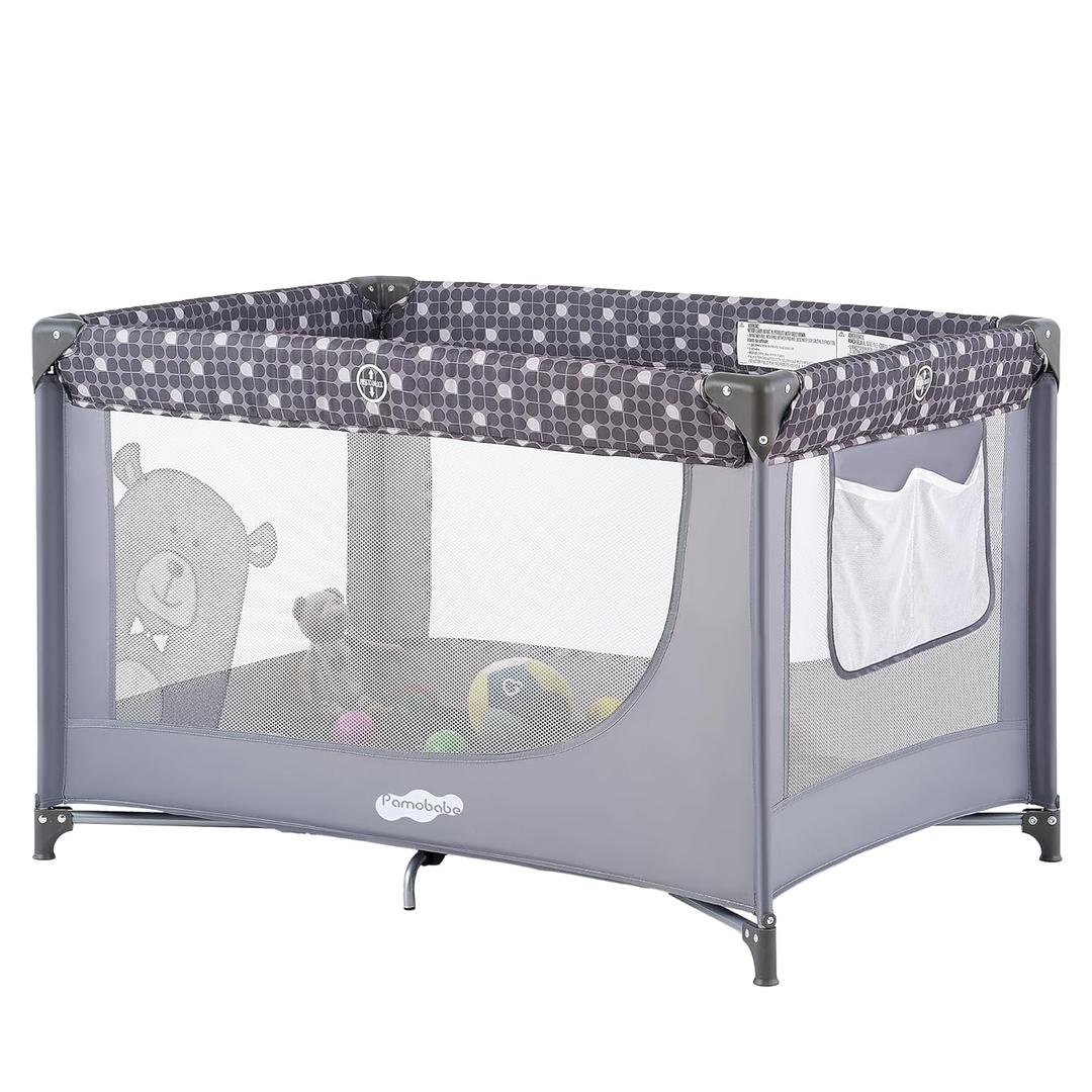 Pamo Babe Compact Pack and Play - Portable Crib for Baby, Lightweight Foldable Travel Playard with Mattress Pad & Carry Bag, Safe Breathable Travel Bed for Home, Trips & Family Visits, Cute Pattern