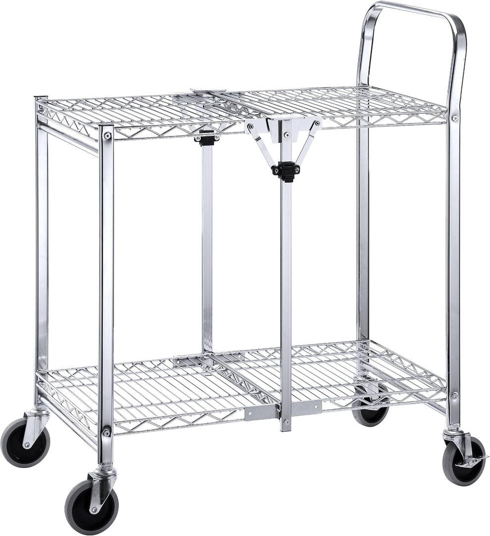 2 Tier Commercial Grade Heavy Duty Utility Cart | Holds up to 300lbs | Easy Foldable | Durable Chrome Plated Steel Heavy Duty Rolling Cart for Garage, Warehouse, Showroom and Office